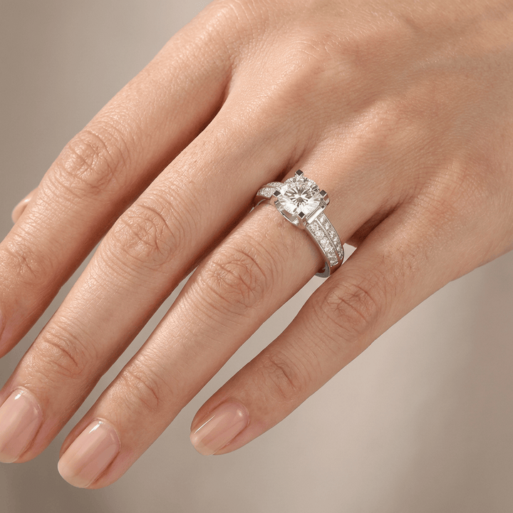 Silver Round Diamond Pavé Solitaire Ring - (Adjustable)