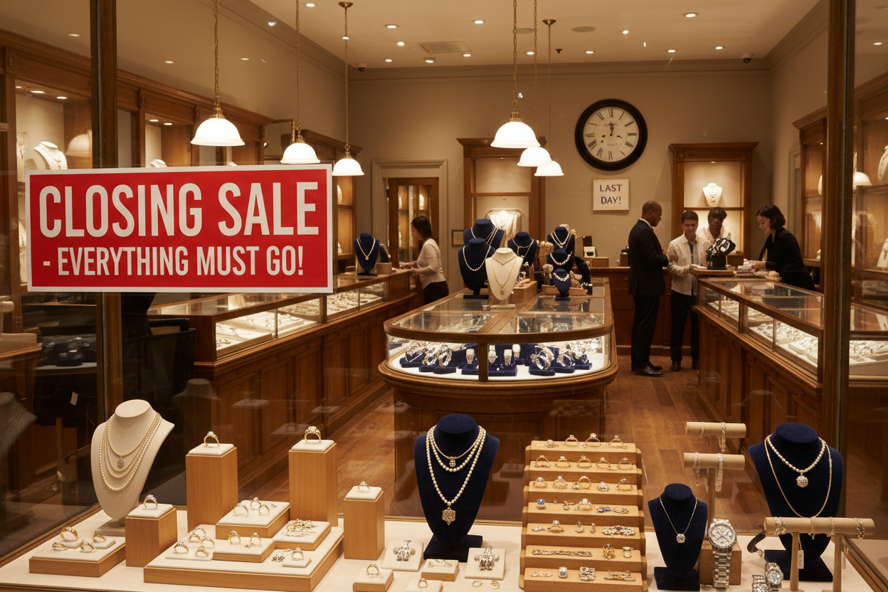 Inside a jewelry shop with a closing sale sign