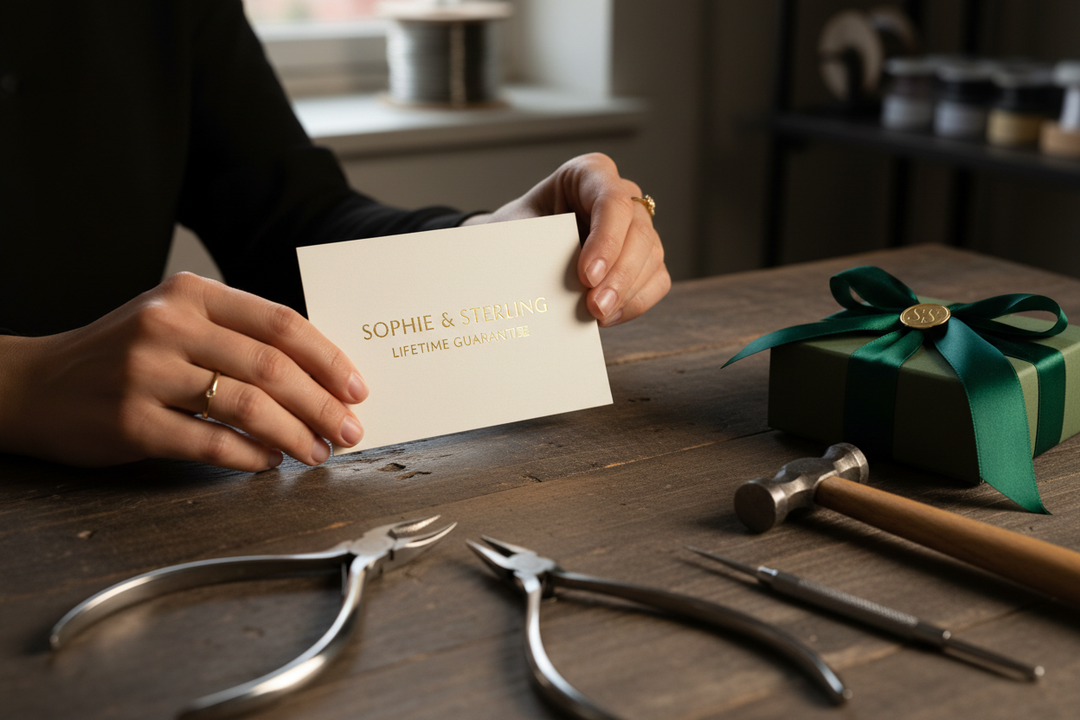 Person holding a card with 'Sophie & Sterling Lifetime Guarantee' on a wooden table with animal lamps on table